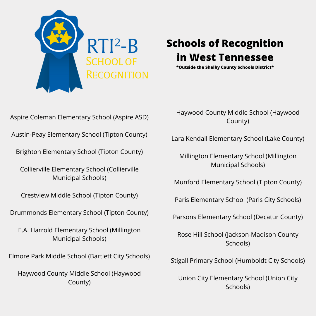 This graphic depicts our RTI2-B Schools of Recognition outside of the Shelby County Schools district.