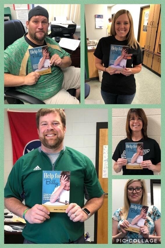 A collage of photos of LKES Staff with Help for Billy book