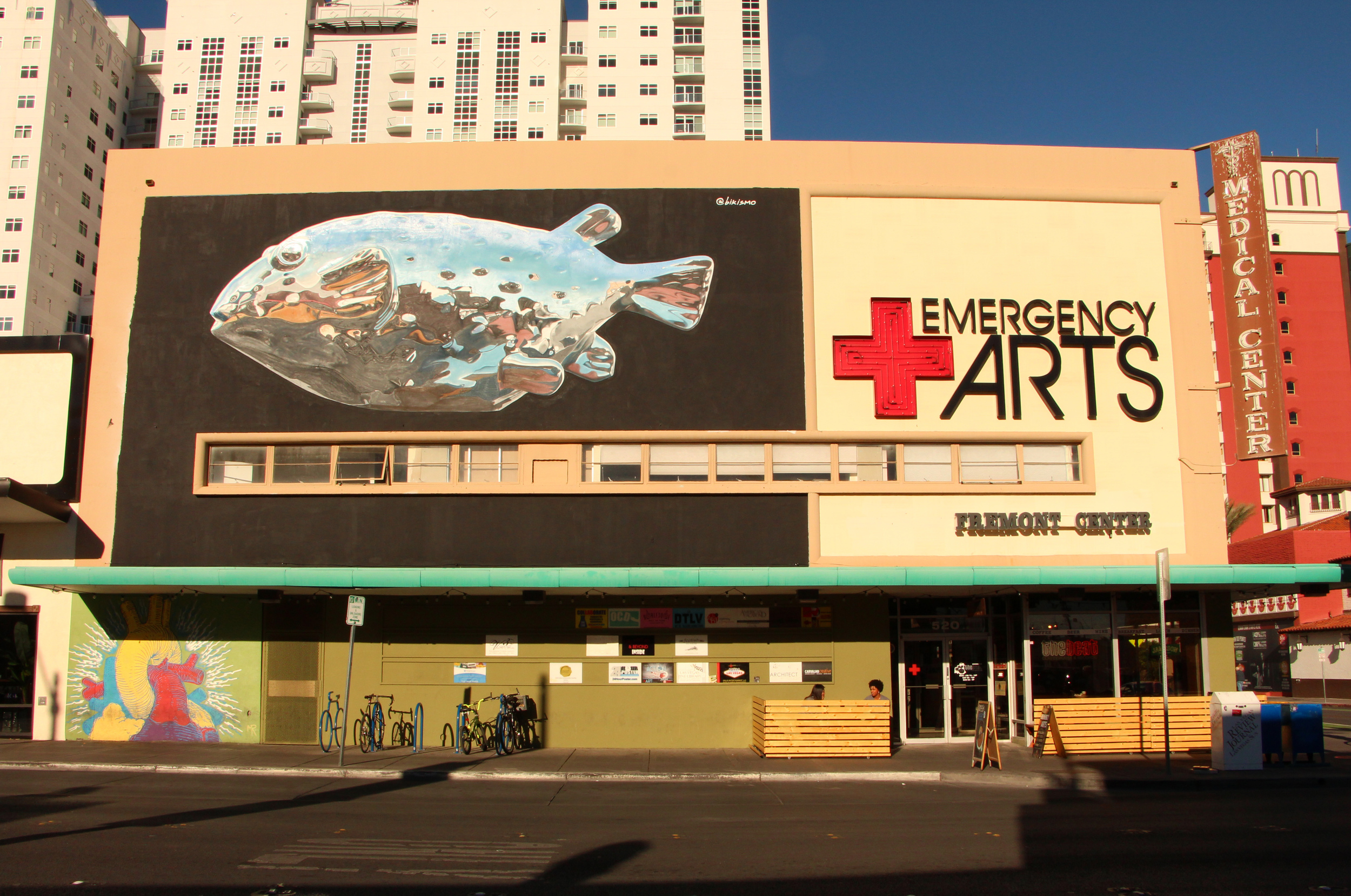 Emergency Arts. The exterior of the building on Fremon