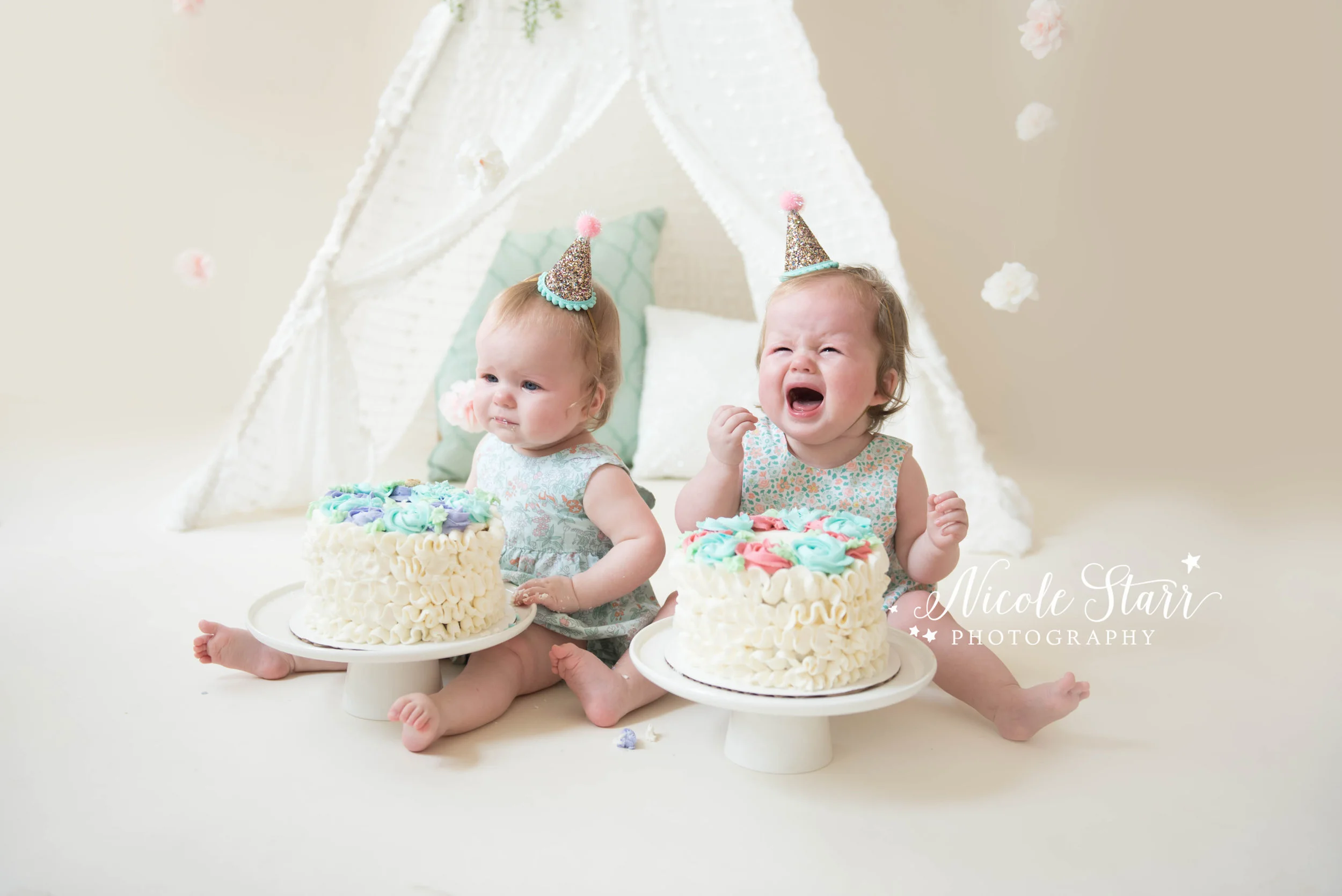 Boston and Saratoga Springs crying baby twins cake smash photo session