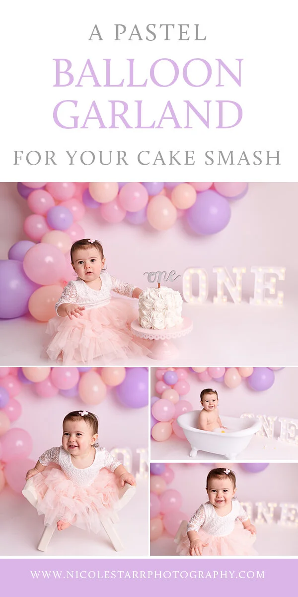 Pink, purple, and peach cake smash with balloon garland by Nicole Starr Photography | Saratoga Springs Cake Smash Photographer | Boston Cake Smash Photographer | Saratoga Springs Family Photographer | Boston Family Photographer Delmar NY Cake Smash …