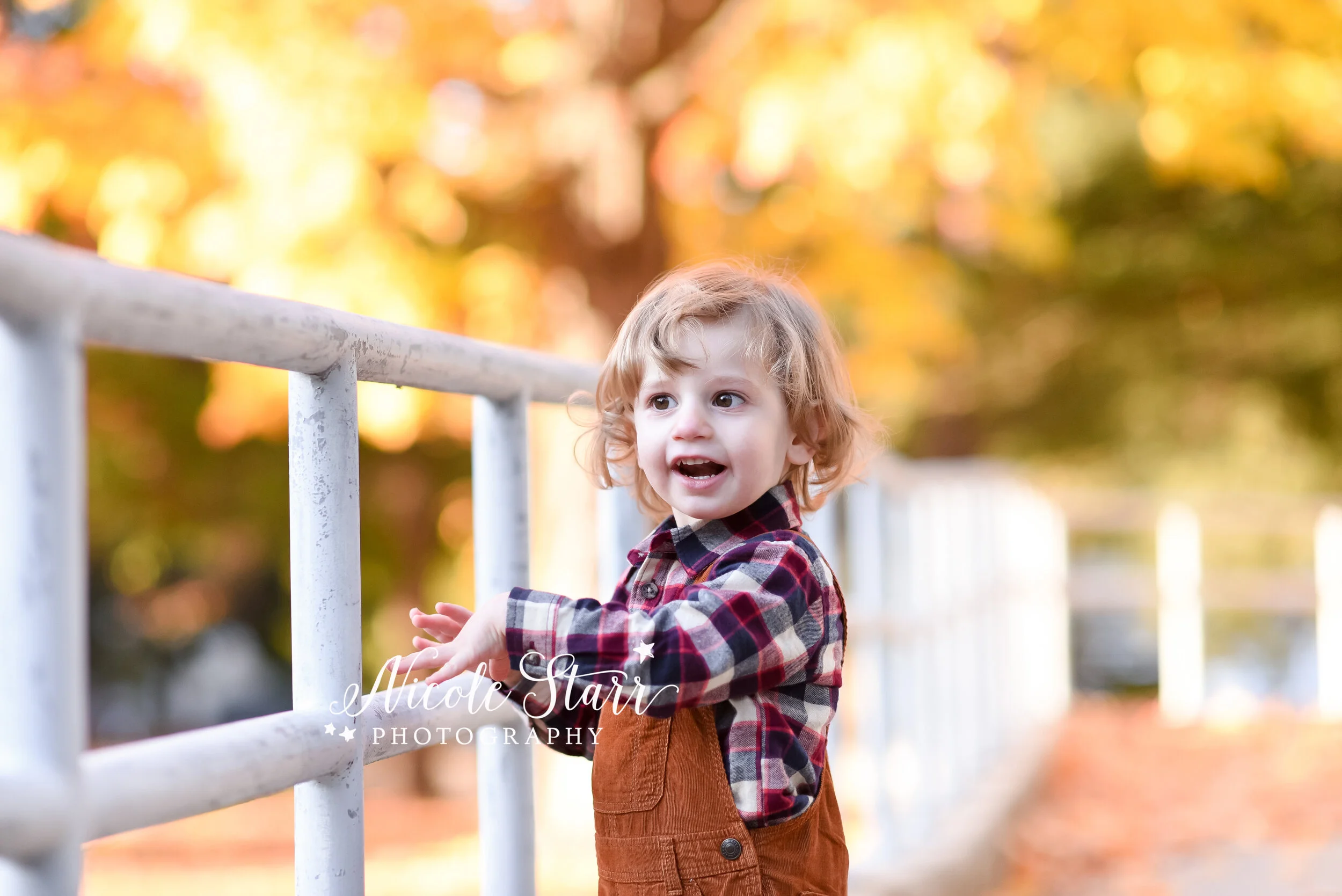 toddler plays along hand rails during Saratoga Springs NY Family photos with family photographer Nicole Starr Photography