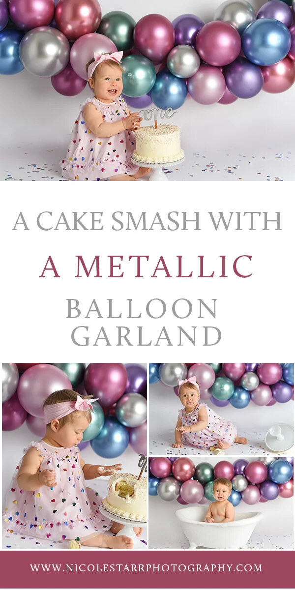 Cake smash with metallic balloon garland  photographed by New York family and baby photographer Nicole Starr Photography