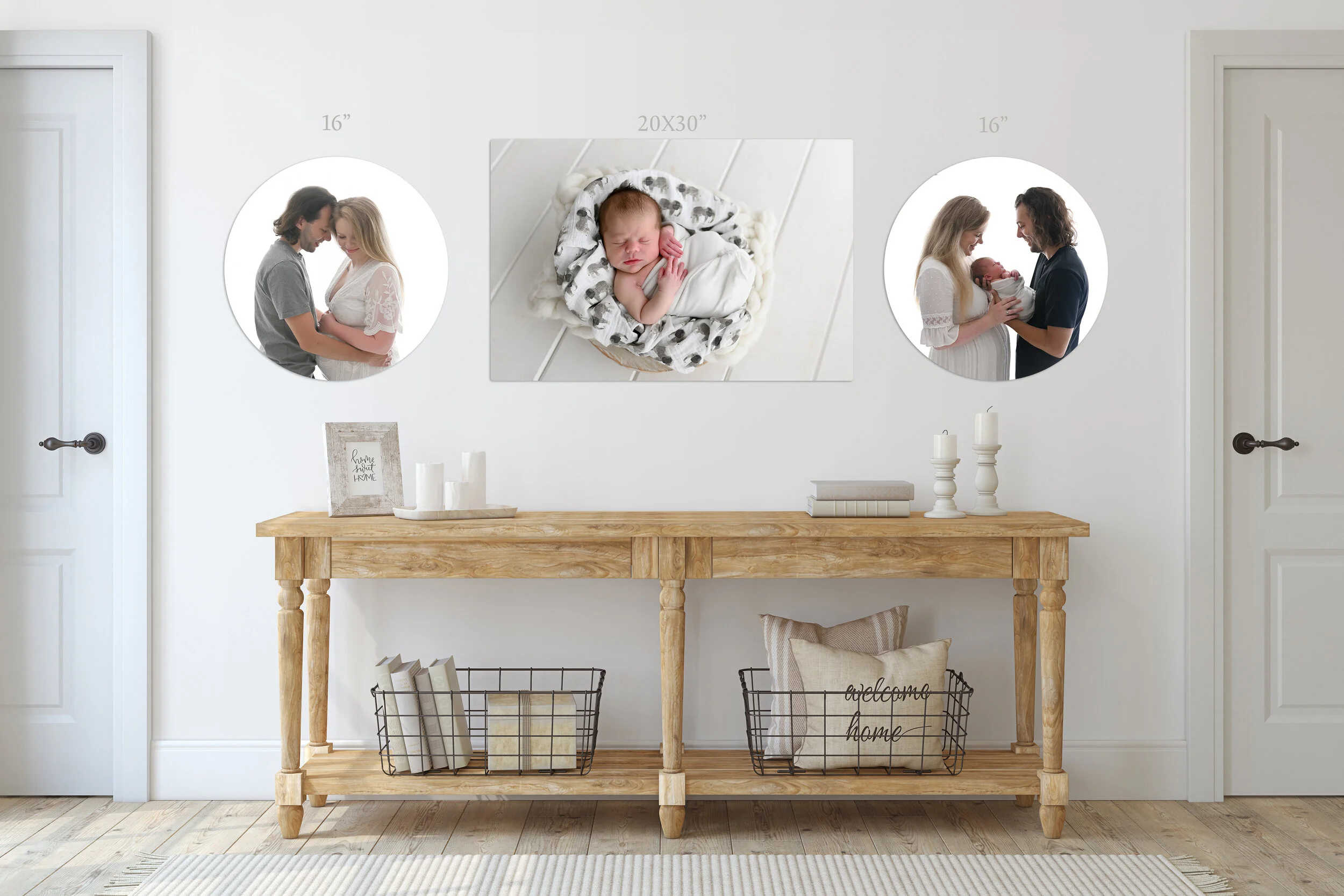 wall art display with newborn portraits