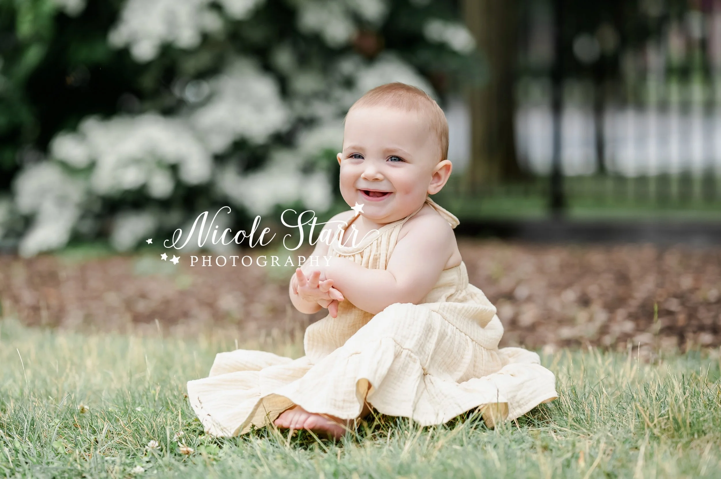 toddler in yellow dress sits in the grass during spring family portraits in Congress Park photographed by Saratoga Springs family photographer Nicole Starr Photography