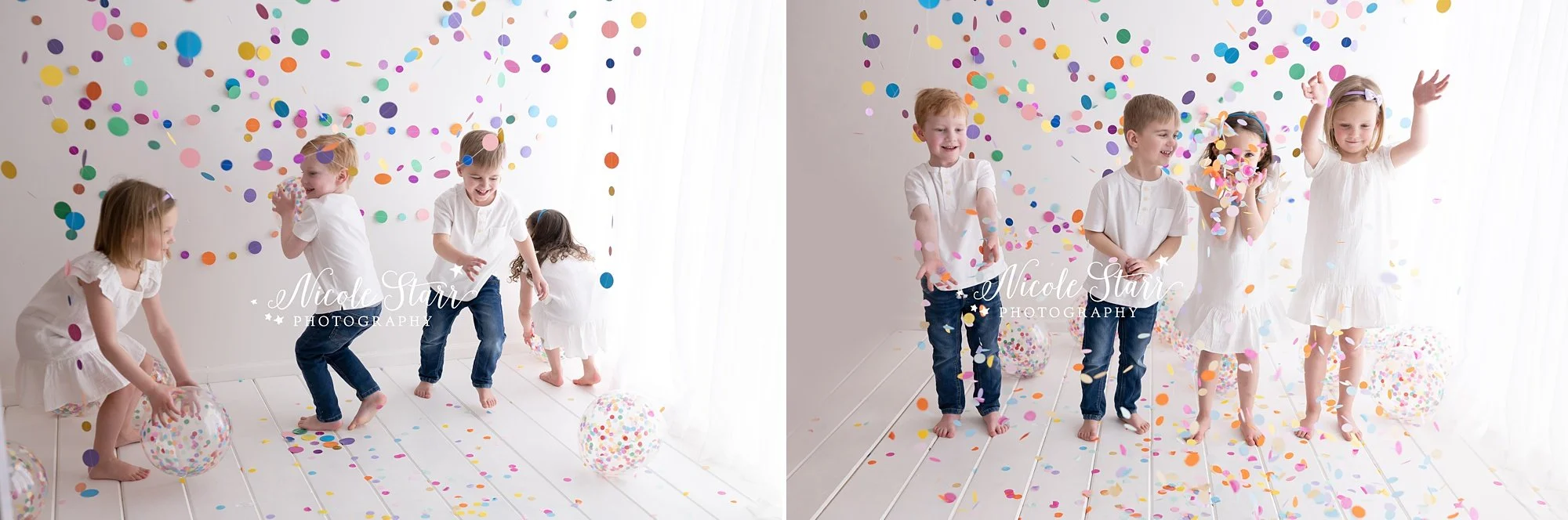 four toddlers play with confetti and beach balls in studio with rainbow streamers for cake smash with Nicole Starr Photography, Saratoga Springs children’s photographer
