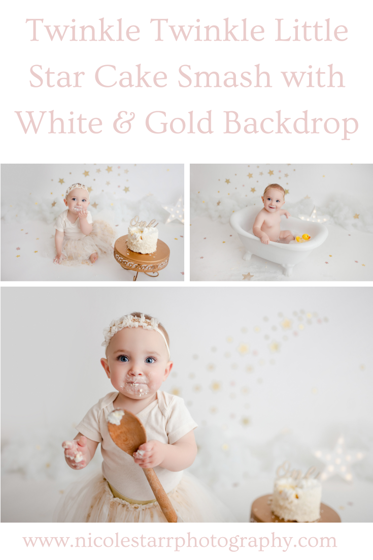 Twinkle Twinkle Little Star Cake Smash with White and Gold Backdrop photographed by NY cake smash photographer Nicole Starr Photography