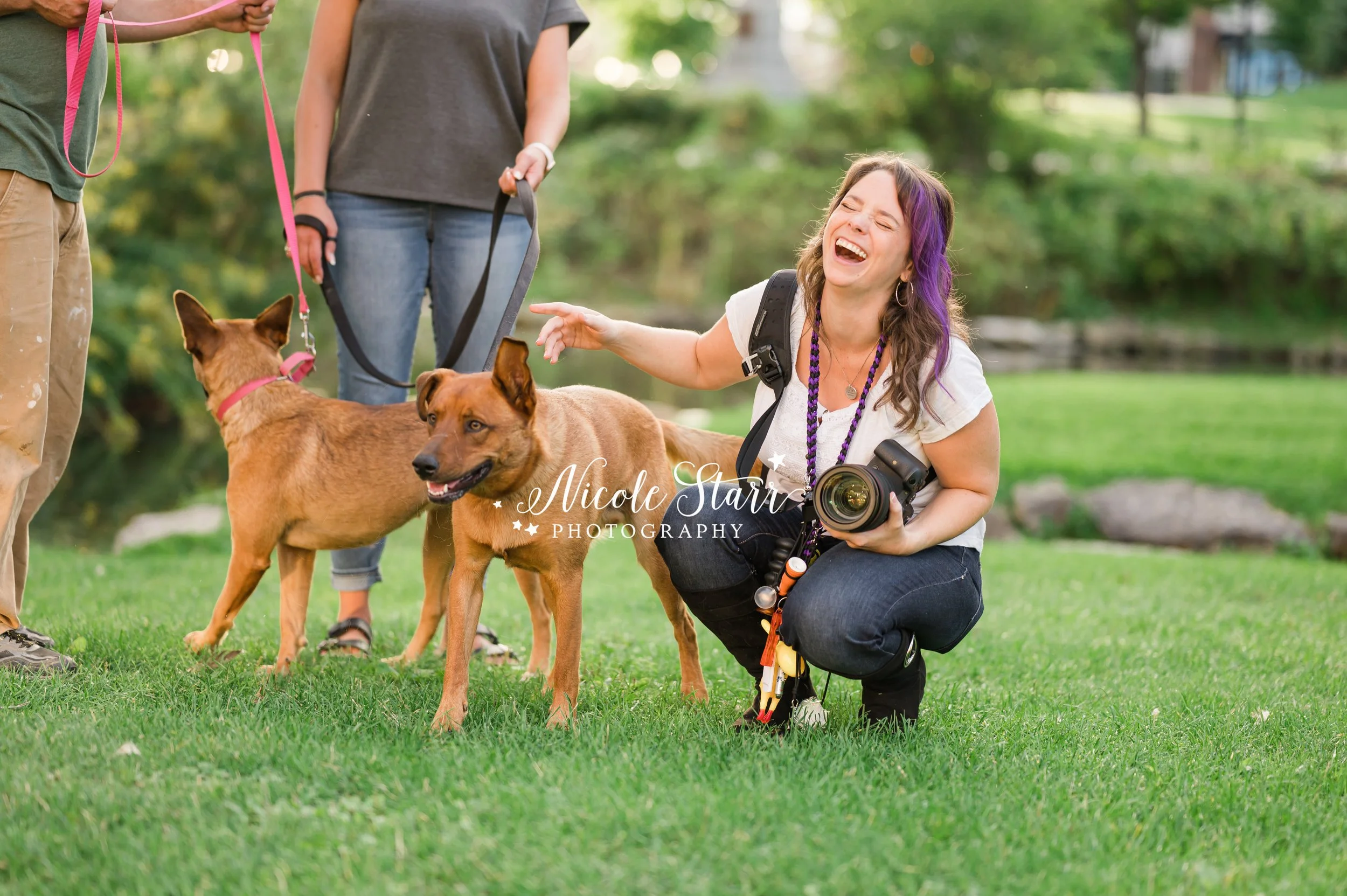 pet photographed laughs while petting dog during portraits in Saratoga Springs park photographed by branding photographer Nicole Starr Photography