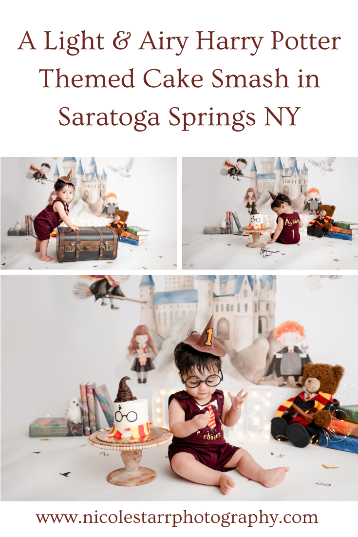 A light & airy Harry Potter theme cake smash with Saratoga Springs Baby Photographer Nicole Starr Photography
