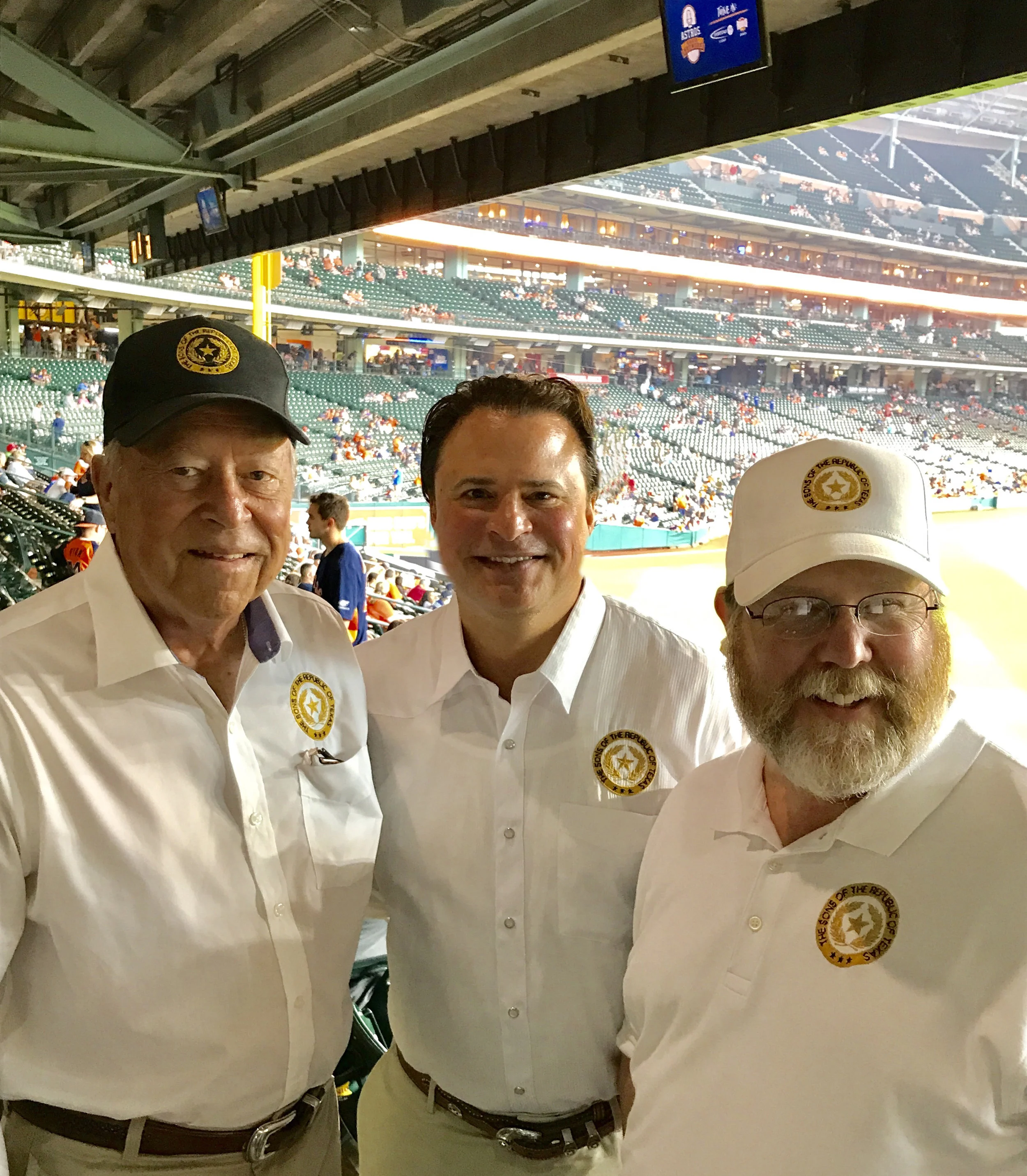 Alamo Chapter Treasurer George Chall , President Jason Chall & Sam Houston Chapter President Ben Warren pose for a picture before the Houston Astros & Toronto Blue Jays game on Sunday Aug 6th. Over 60 SRT members from San Antonio & across Houston came out to watch the Astros exciting come back victory in the 9th inning. The Astros scored 4 runs in the final inning to finish the game 7-3. Special thanks goes out to President Ben Warren , who planned & put the event together.