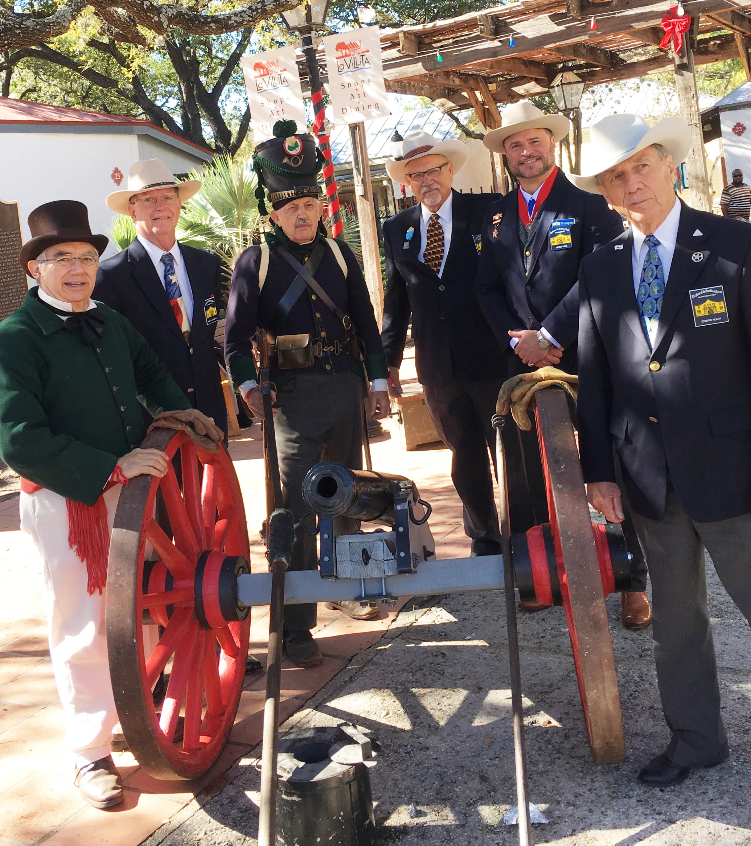Admin. for Historical Events Bob Benavide s , Secretary General Ken Pfeiffer , member Butch Ward , Chapter President Jason Chall , & 1st VP General Ed Heath support SALHA with The Battle of Bejar reenactment at La Villita. Bob Benavides also Chairman of SALHA, led a group though the narrow streets of La Villita, bringing to life the battle that drove the Mexican Army out of San Antonio & Texas.