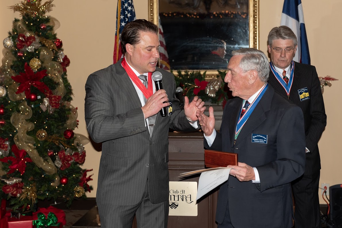 Past President Jason Chall presents President General Ed Heath with an engraved pen crafted by Al Davis . Ed is the first member of out chapter to reach the highest position in the SRT, President General, we are very proud to have Ed in the Alamo Chapter.