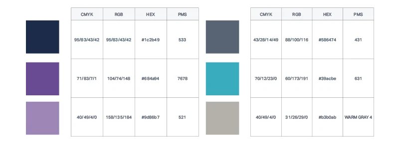 A good colour palette template should define CMYK, RGB, HEX and PMS codes. 
