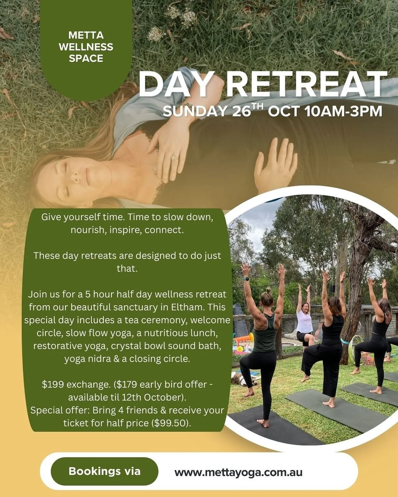 Give yourself time. Time to slow down, nourish, inspire, connect. 

These day retreats are designed to do just that. 

Join us for a 5 hour half day wellness retreat from our beautiful sanctuary in Eltham. Surrounded by eucalyptus trees &amp; birdlif