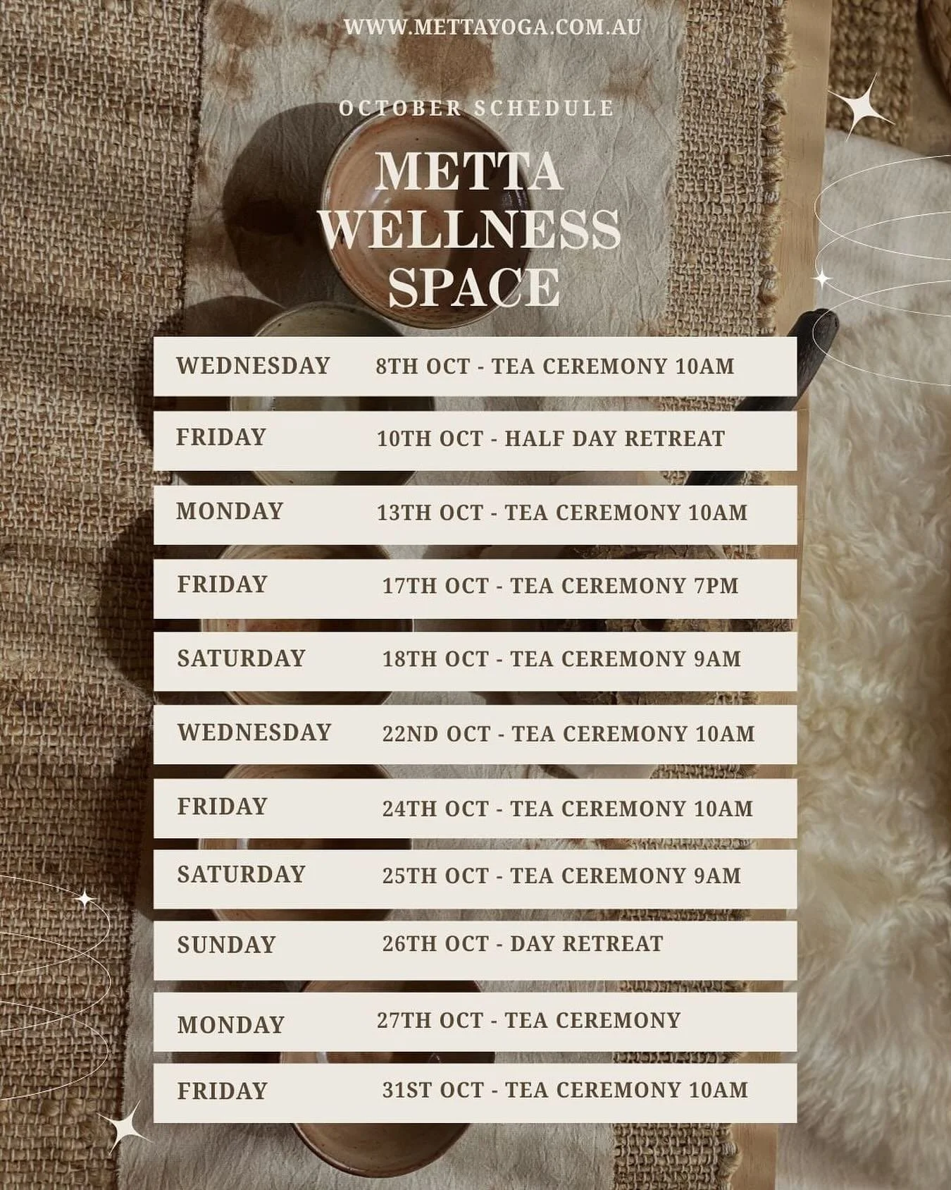 Here is my upcoming events for October. Please visit www.mettayoga.com.au to book or the link in my bio. Of course, I would love &amp; appreciate a share amongst your community. I hope to see you soon. Thank you. ✨🙏🍃
#eltham #nillumbik #warrandyte 