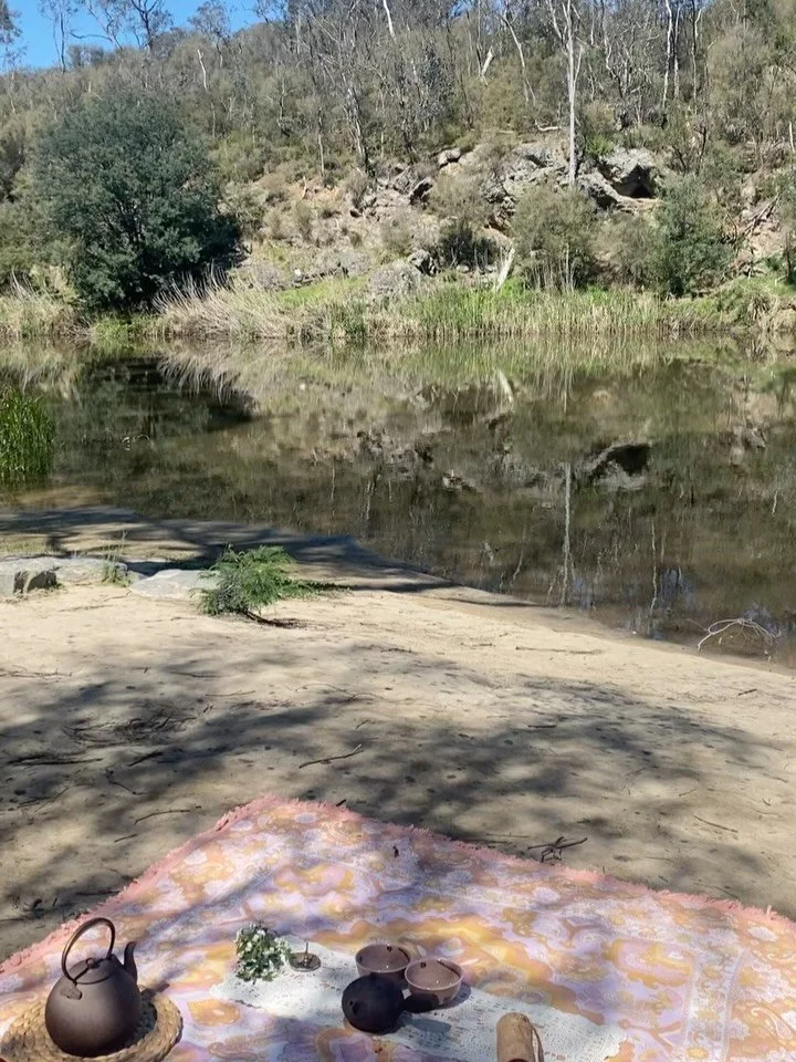 Yesterday, I wandered down to my favourite riverside sanctuary.
Rug laid out, kettle on, waiting for the whisper of readiness.
Then I sat &mdash; bare to the earth, heart open.

The sounds wrapped around me:
birds wings flapping overhead, bees in bus