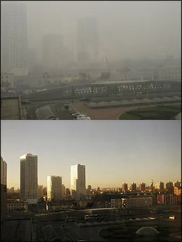 Beijing on a good day and a bad day (Credit: Facts and Details) .