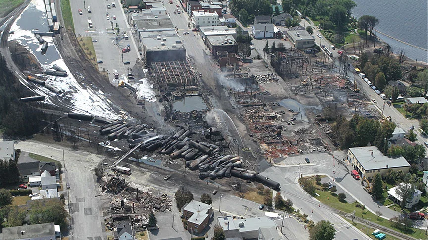 The Lac-Mégantic derailment site following the accident. (Credit: Transportation Safety Board of Canada )