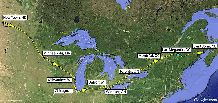 Approximate route of the tank cars on MMA-002, which travelled through Toronto and Montréal en route to Lac-Mégantic. (Credit: Transportation Safety Board of Canada )