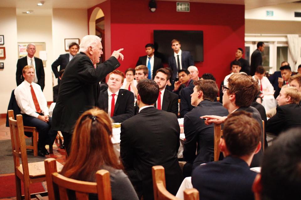   Alumnus Jerry Nelson, Founder of Ticket Master, addresses the chapter at Monday dinner  