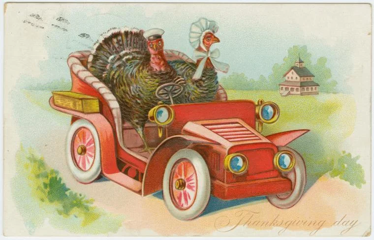 Turkeys in a car, 1907.