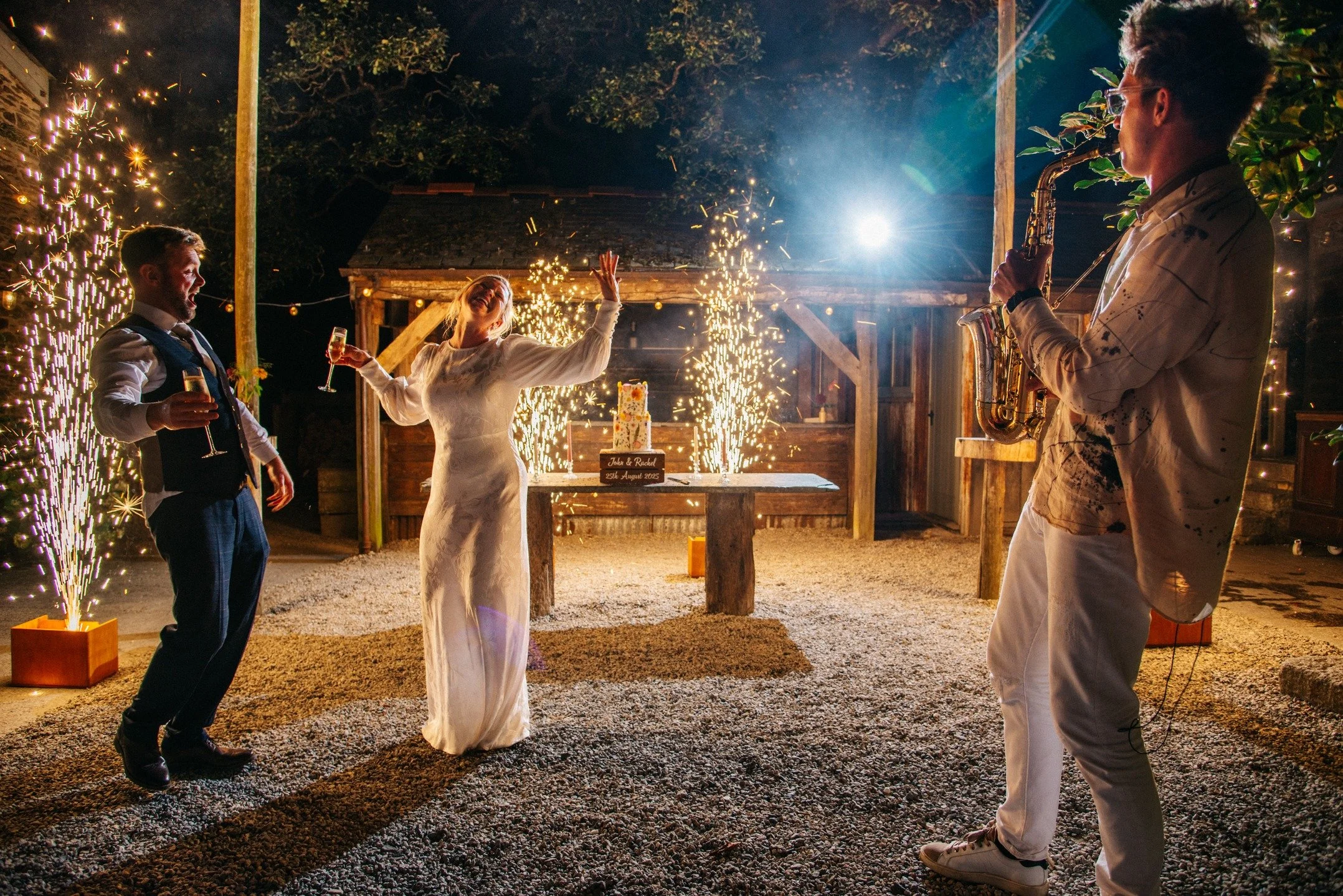 Fireworks, Cake &amp; Sax 🔥 @nancarrowfarmwedding #cornwallwedding #cakecutting🎂 #cornwallweddingphotographer #cornwallweddings #cornwallweddingphotography #nancarrowfarm #nancarrowfarmwedding