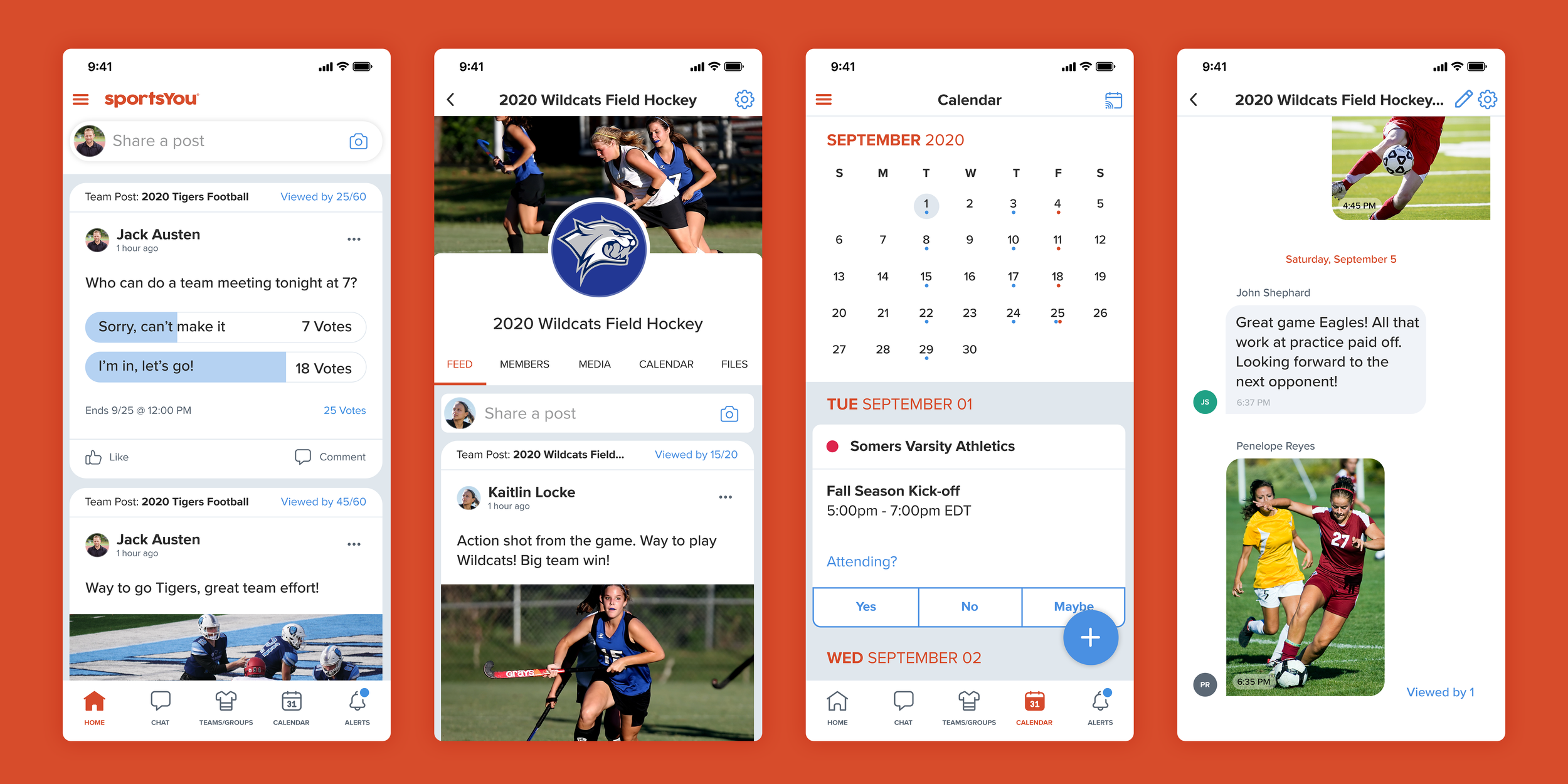  Features included: a social media feed for sharing media and status updates, a calendar for scheduling games, practices and events, a chat client for immediate one-on-one and group communications, and a folder system for storing and distributing doc