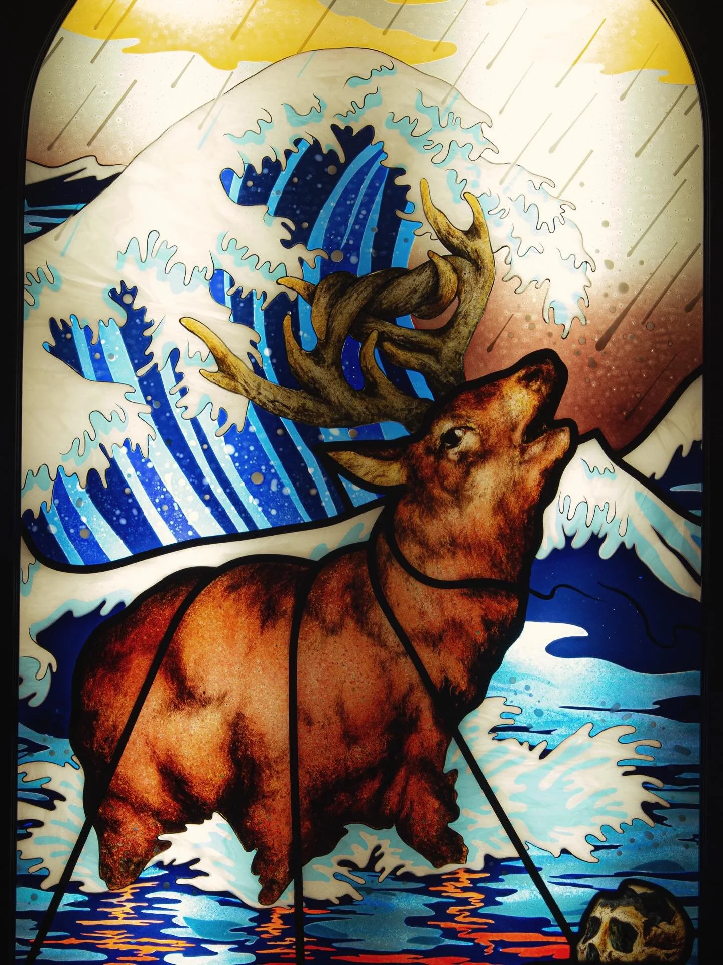 Here are some close-ups of my earlier fused glass window made while in residency at @judsonstudios back in 2020. I&rsquo;m working on my second one currently. Scroll through to see my early design of this piece with floating 🍄 and 🍂 . 
#fusedglassa