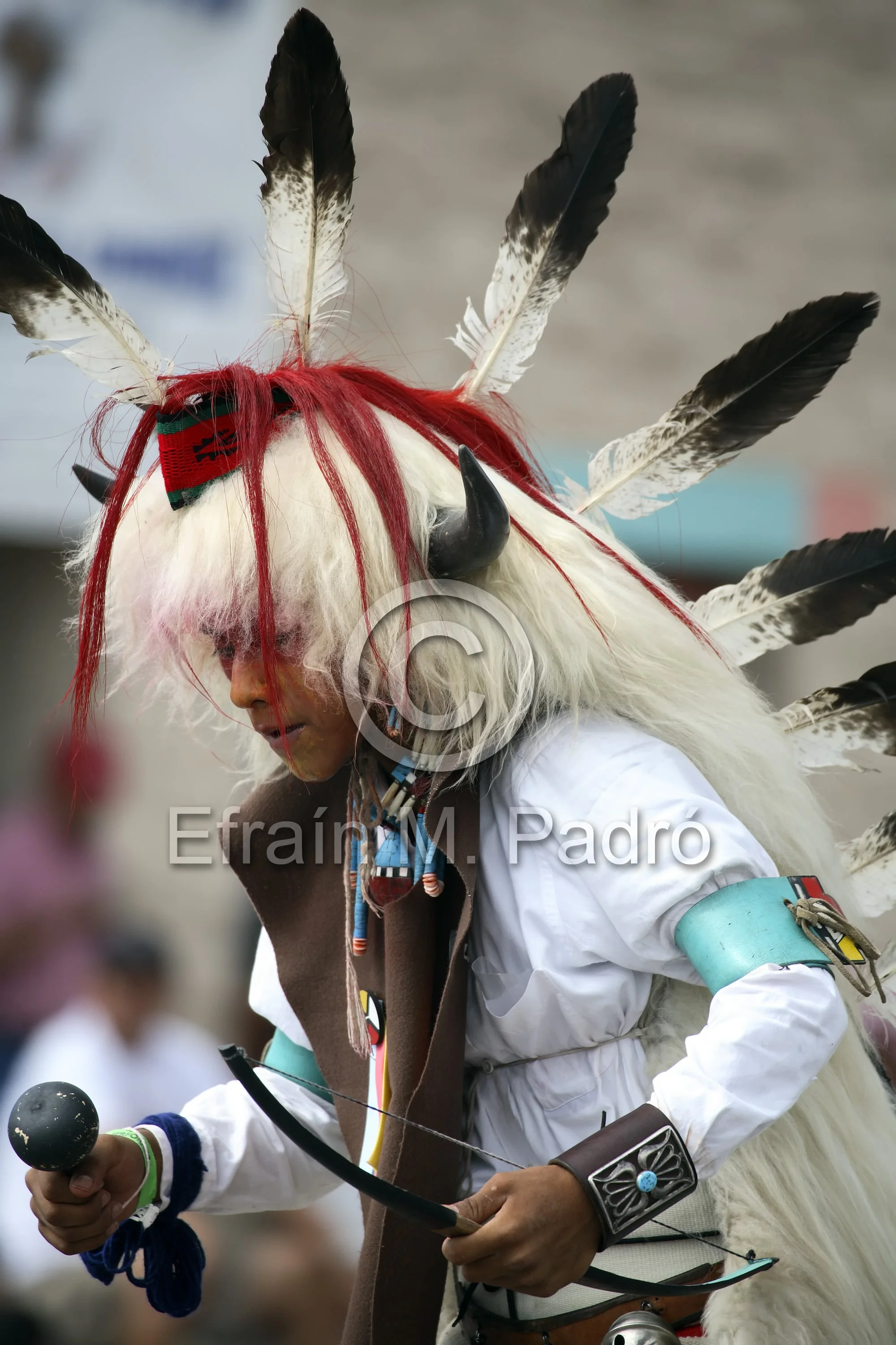 Indian male, wearing white bufallo head piece, Ceremonial Parade, Gallup Inter-Tribal Ceremonial, New Mexico
