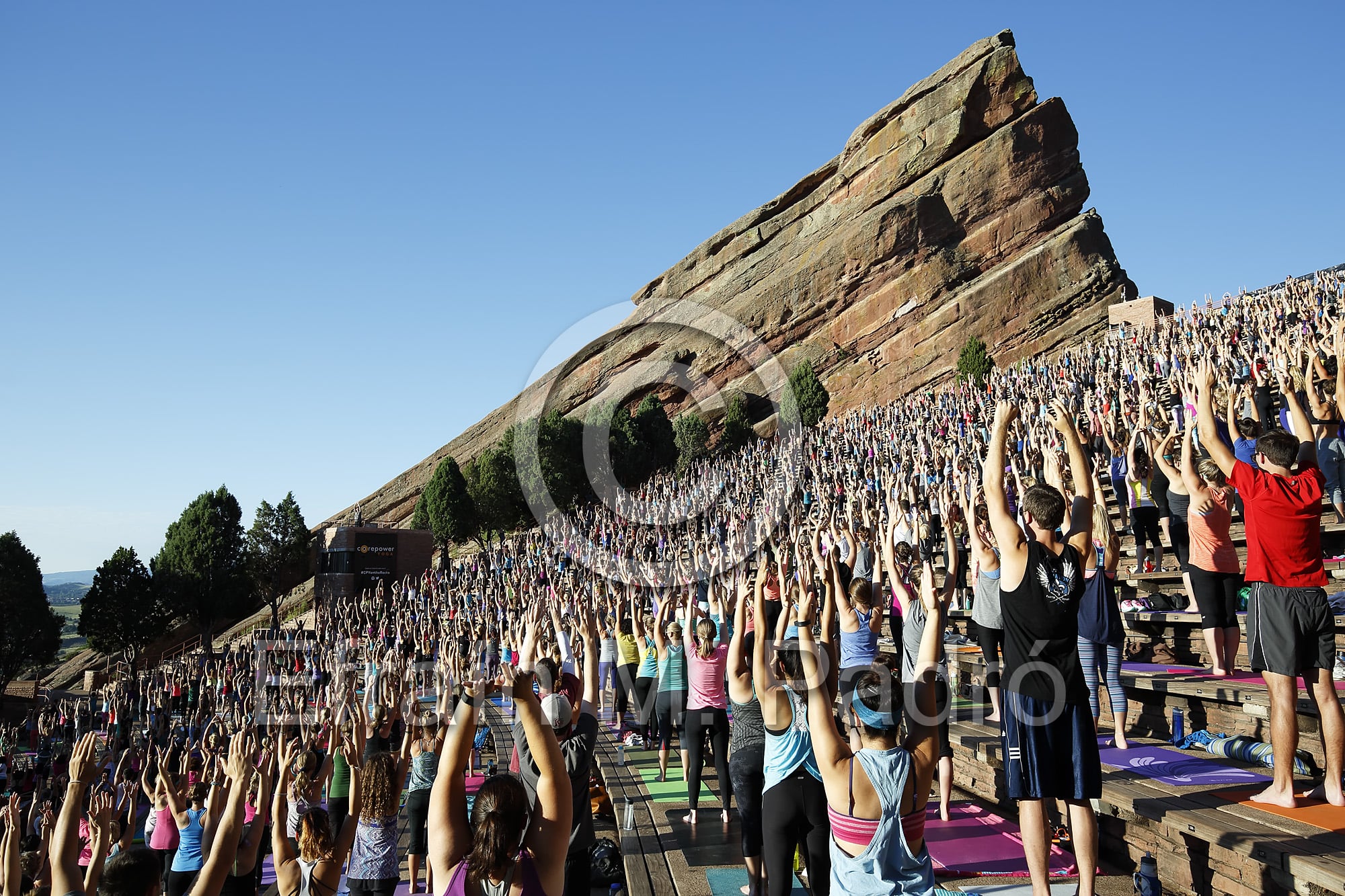 Yoga practitioners, Yoga on The Rocks, Red Rocks Amphitheatre, Morrison, Colorado