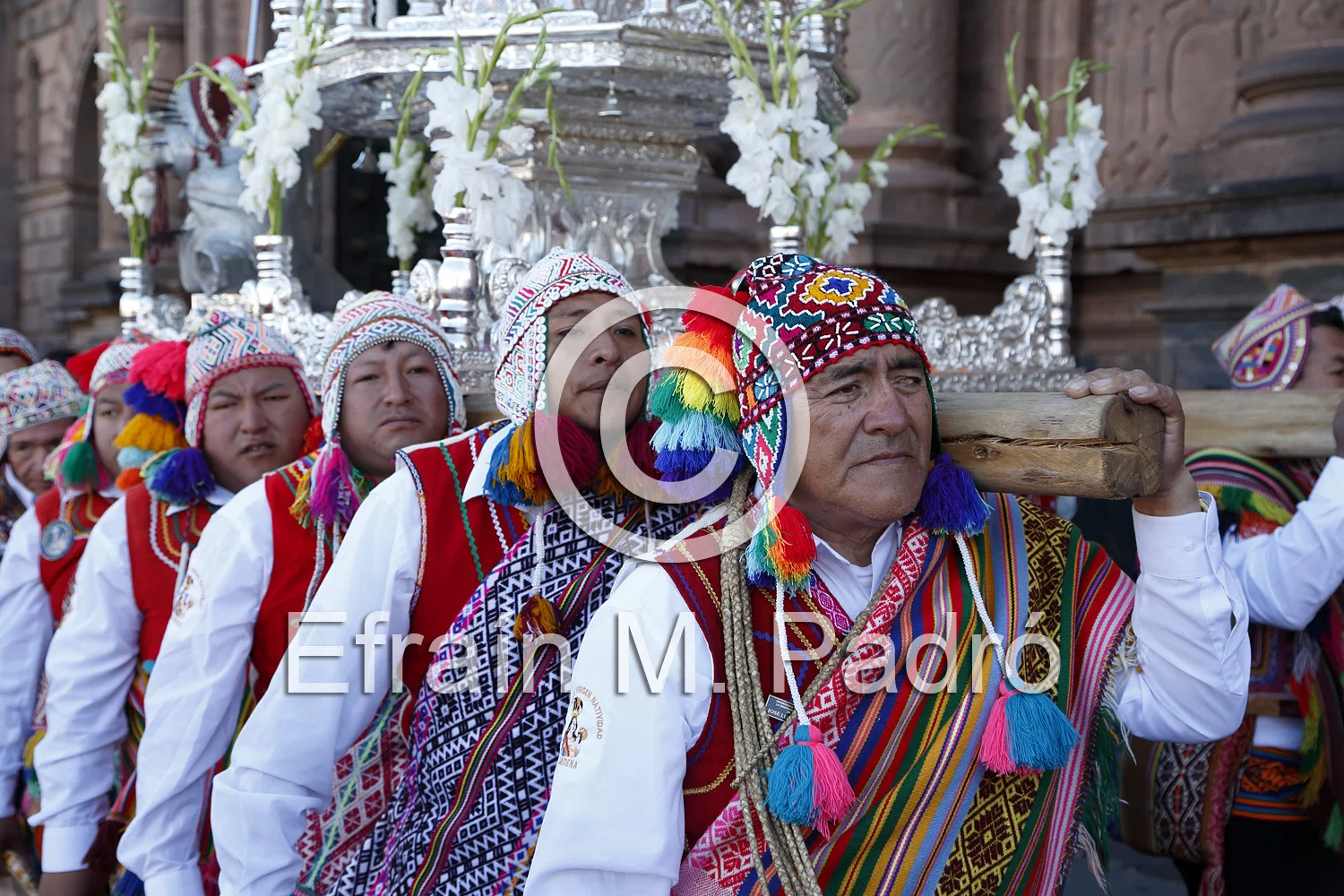 Porters carrying the Virgen Natividad Real de Almudena (Royal Nativity Virgin of Almudena) Float, Corpus Christi Celebration, Cusco, Peru