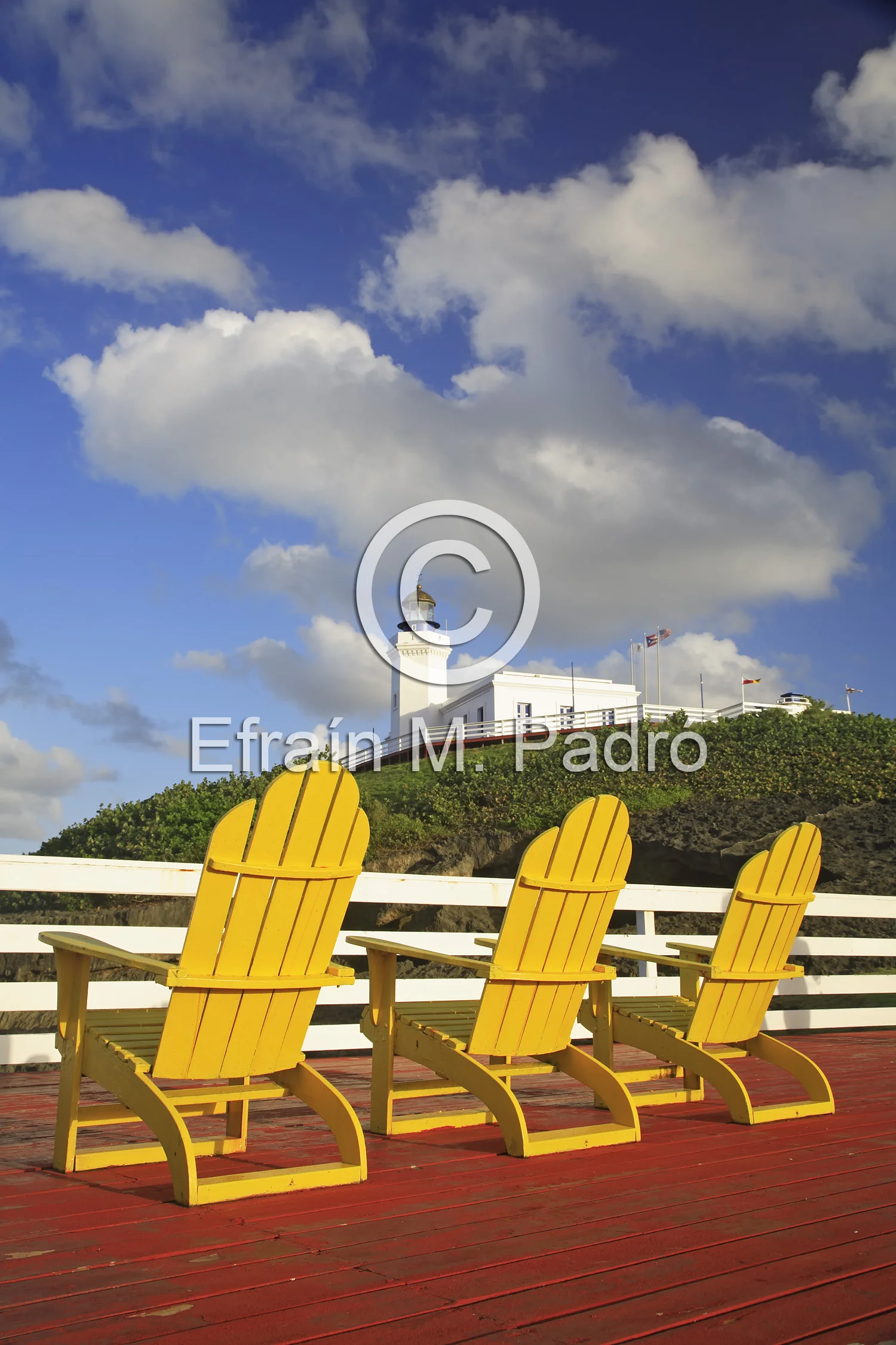 Yellow chairs and Los Morrillos Lighthouse (1898), Arecibo, Puerto Rico
