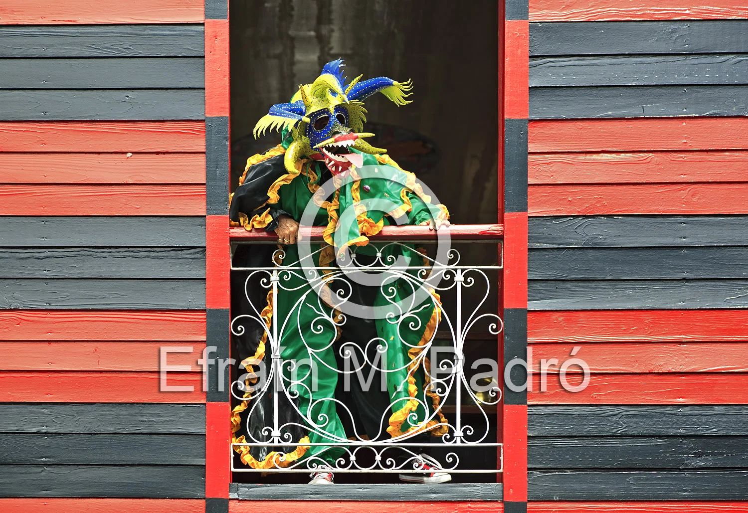 Vejigante in window of historic firehouse, Ponce, Puerto Rico