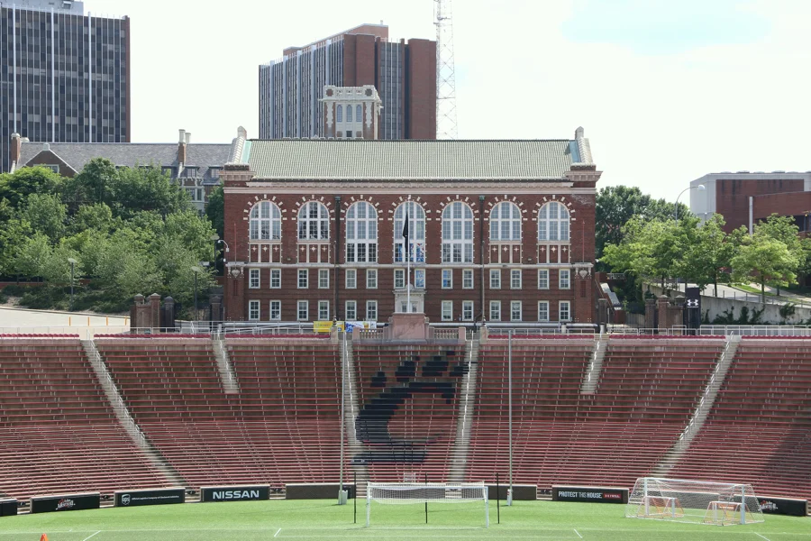 The former Schmidlapp Gymnasium (now the Dieterle Vocal Arts Center) is an iconic structure at the stadium's south end. 