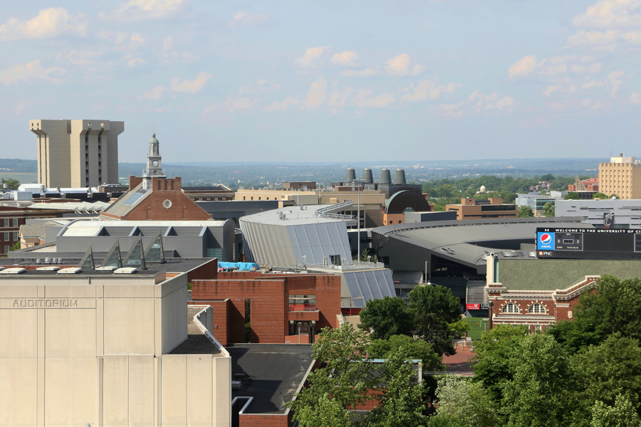 Nippert Stadium sits at the heart of The University of Cincinnati's campus and uptown Cincinnati. In this photograph, the pavillion/club seat structure can be seen at center, while the scoreboard is seen at right. 