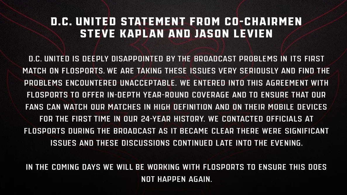 Statement from DC United after their first FloFC broadcast.