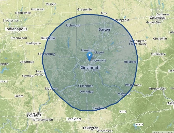 Approximate reach of the WSTR-TV signal.