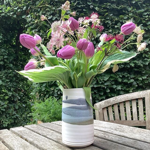 Tulips from my lovely nephew and partner, thanks Dave and Jaz. #tulips #astrantia #vase #vases #handthrownpottery #wheelthrownpottery #wheelthrownvase  #madeinnorfolk