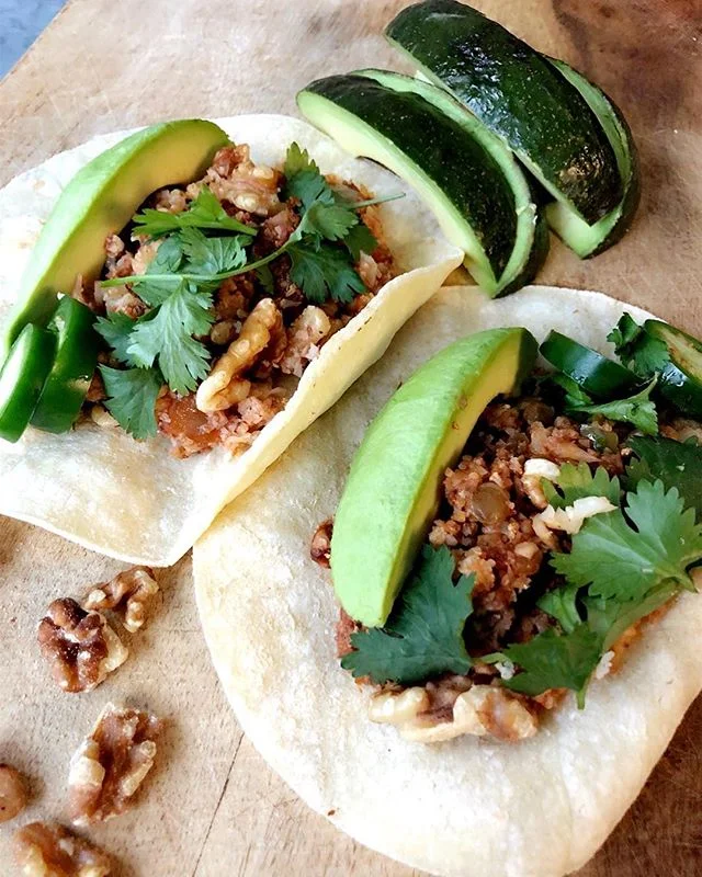 Thanks @foodnutrimag & @cawalnuts for the excellent recipe. This is roasted walnut & cauliflower βmeatβ made into these glorious tacos. #tacomonday #dietitian #contest #fntestkitchen #vegan #plantpower #glutenfree
