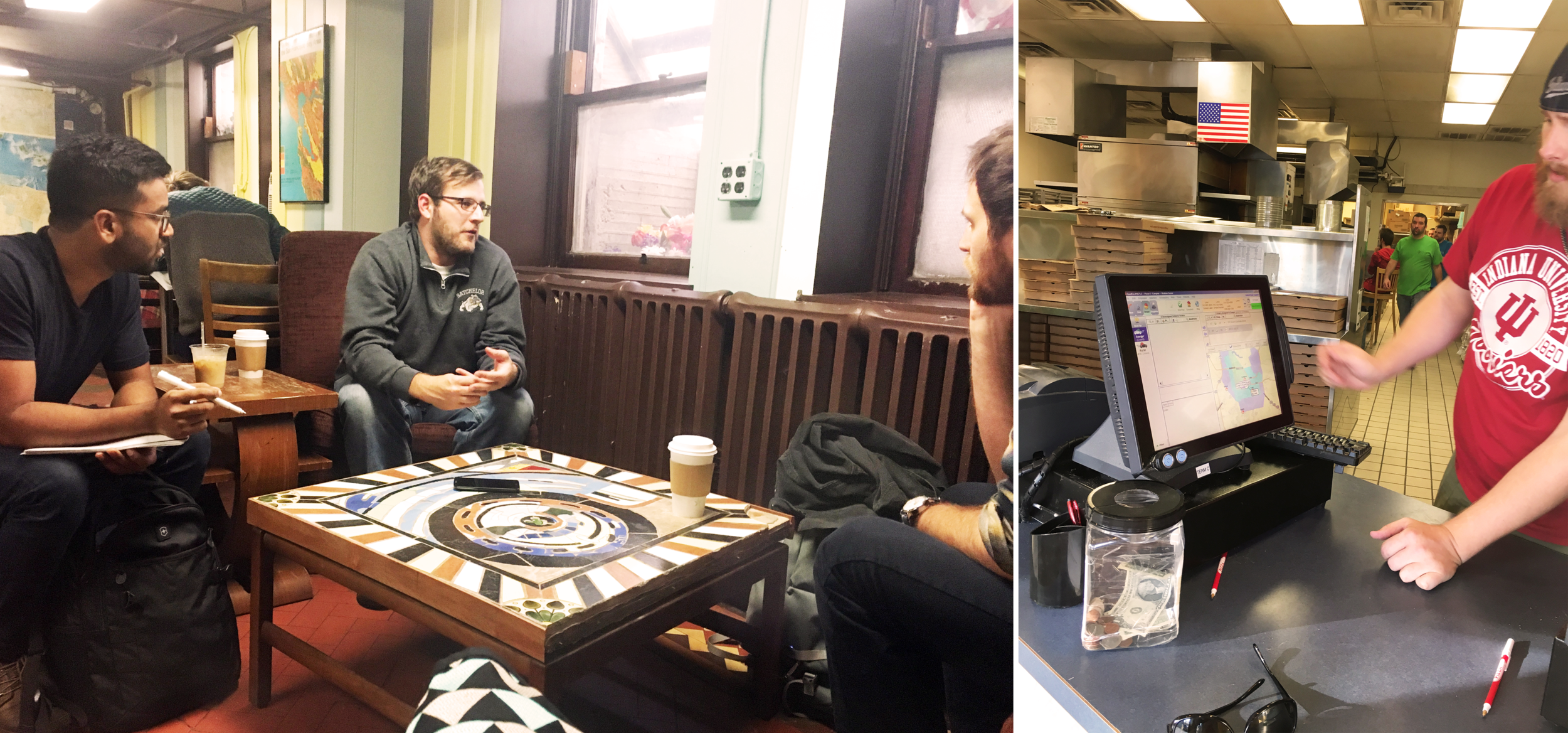 On the left: Interviewing a delivery personnel from Mr. Delivery. On the right: Matt, the General Manager at Pizza X explaining how pizza deliveries are tracked