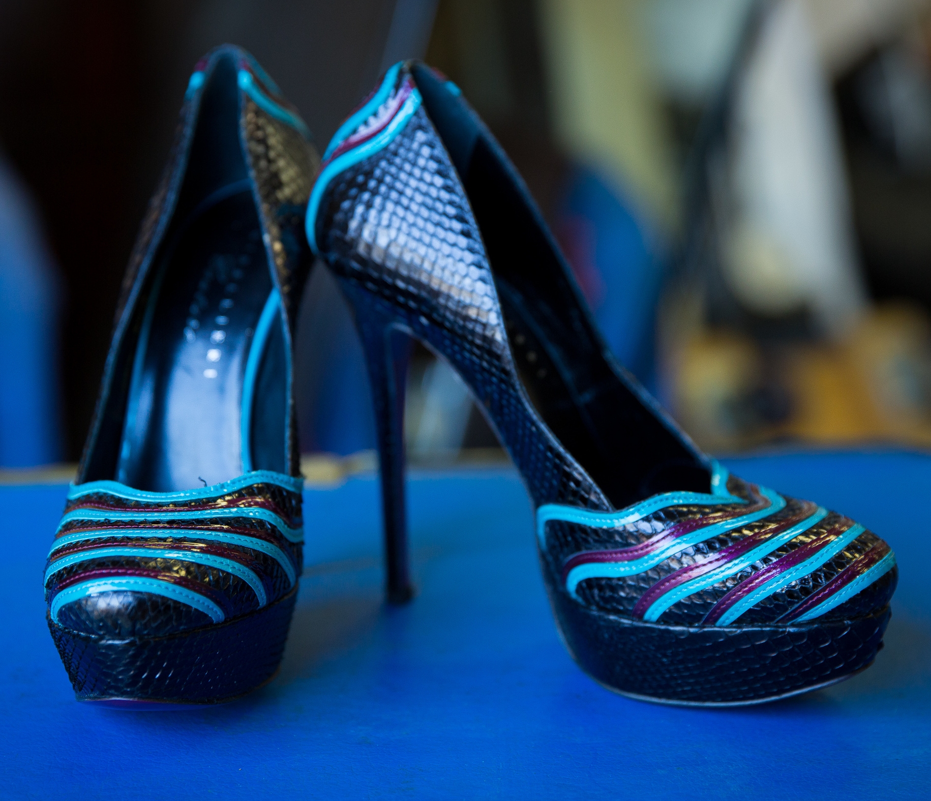Striped-Toe Plum Pumps