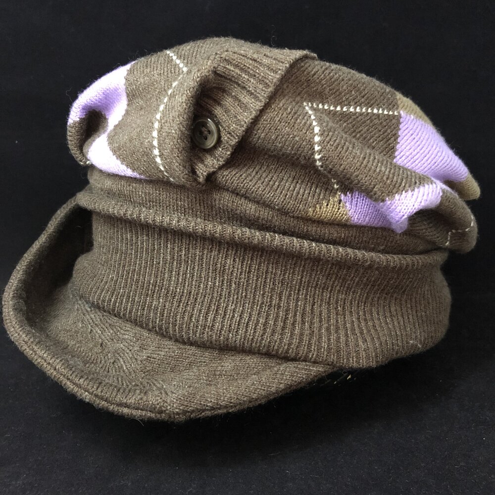 Sassy Beret: Brown & Lavender argyle, Cotton Body, Acrylic band — Sweater Heads