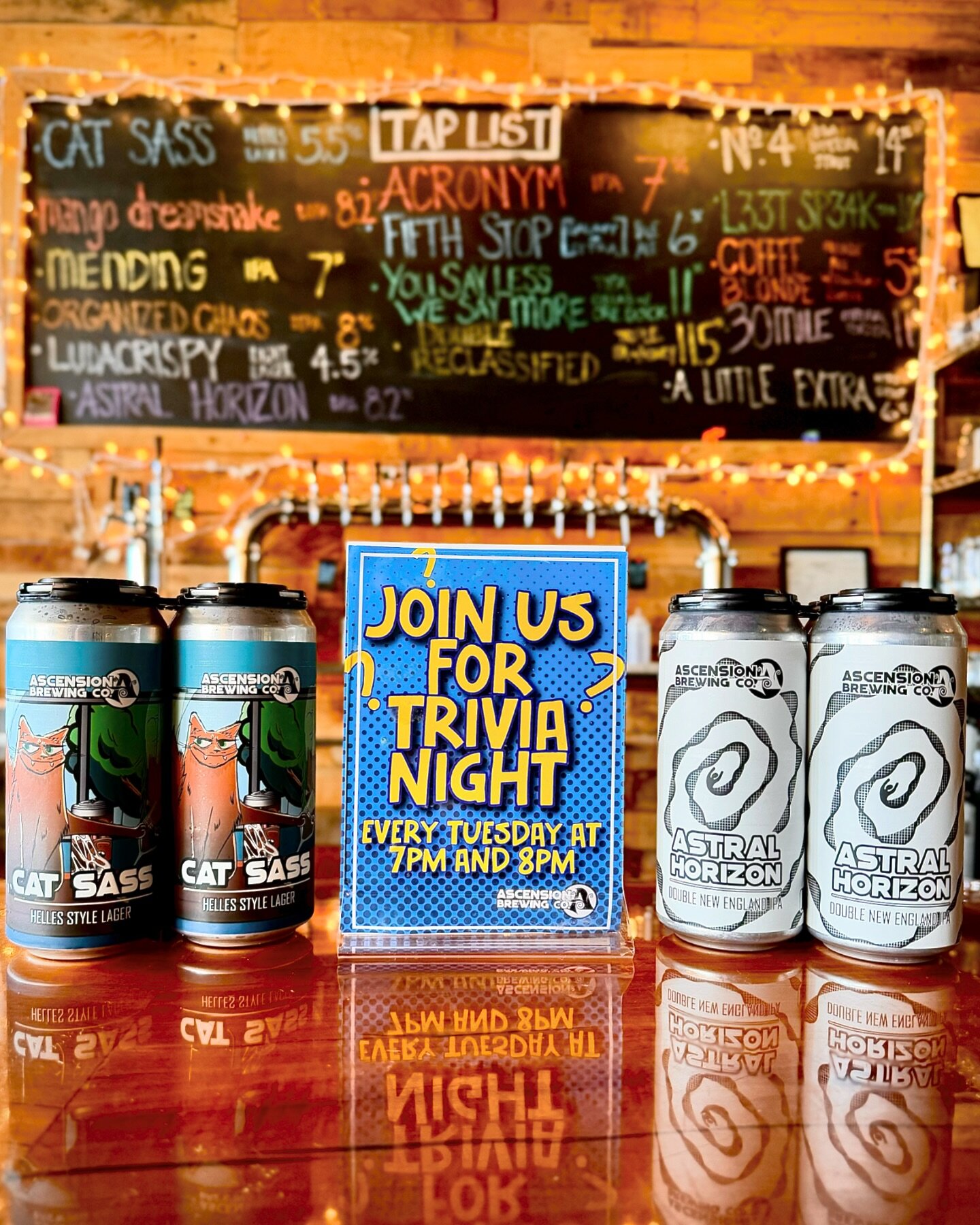 It&rsquo;s TRIVIA NIGHT!!!!!! So, first question:
❓Have you made your reservation yet?

We&rsquo;ve got new cans fresh off the packaging line as well!

🙀🐈🐱CAT SASS 🐱🐈🙀 - Helles Lager (5.5% ABV) makes its way back into the cooler! It&rsquo;s alm