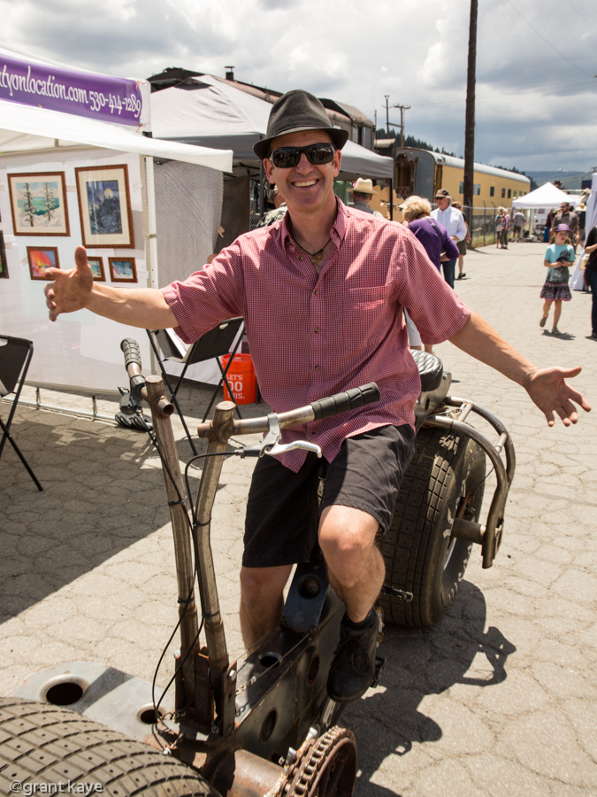 Fred Besch riding one of his kinetic sculptures. Photo: Grant Kaye