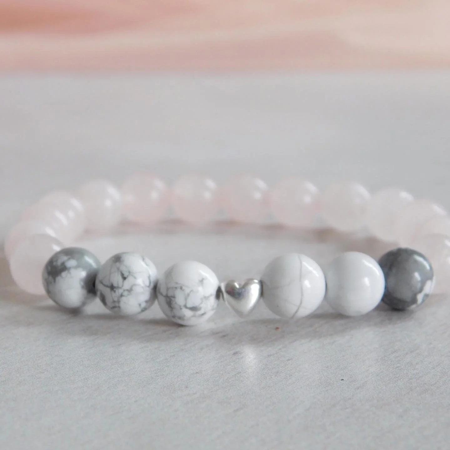 Howlite and rose quartz gemstone bracelet with sterling silver heart