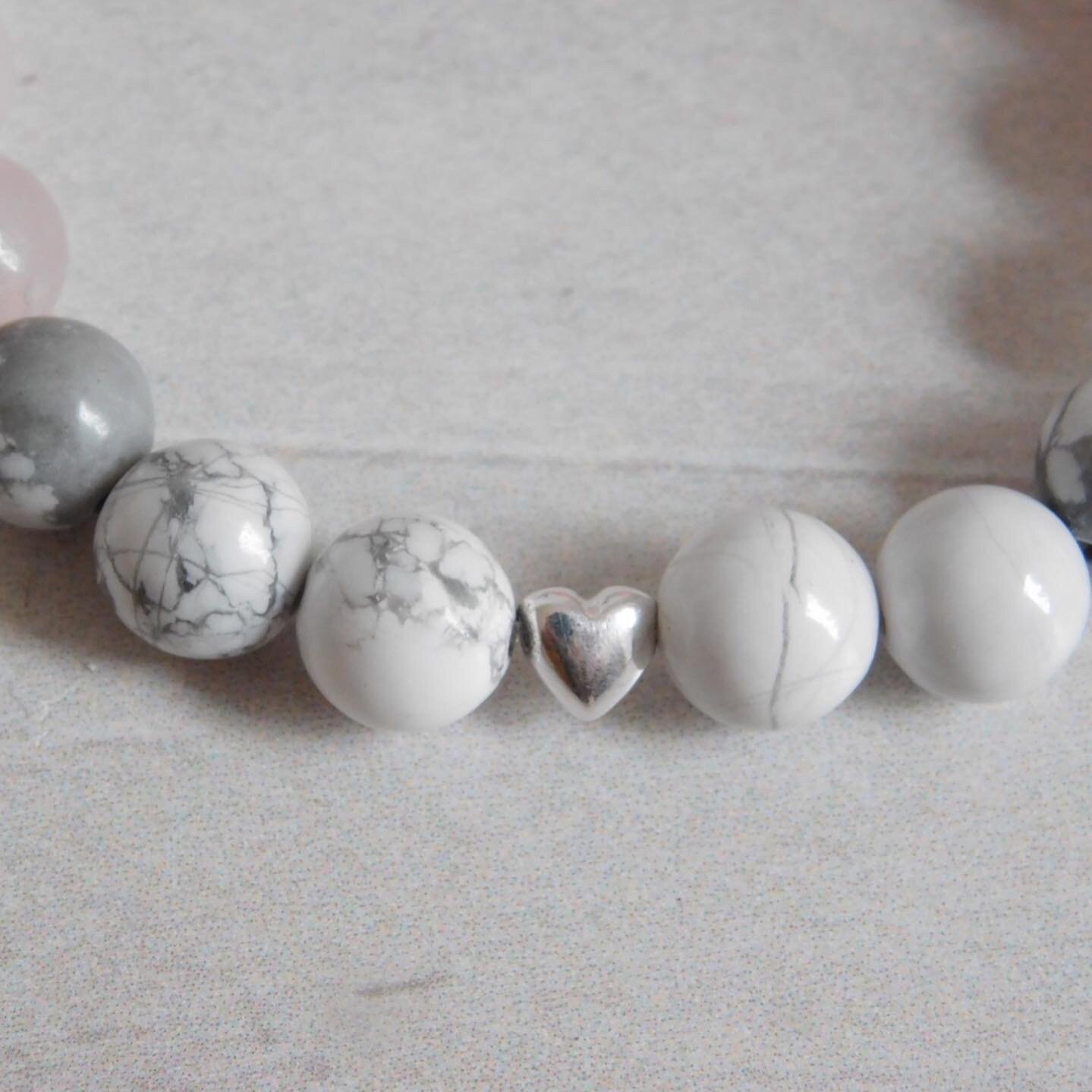 Howlite and rose quartz gemstone bracelet with sterling silver heart