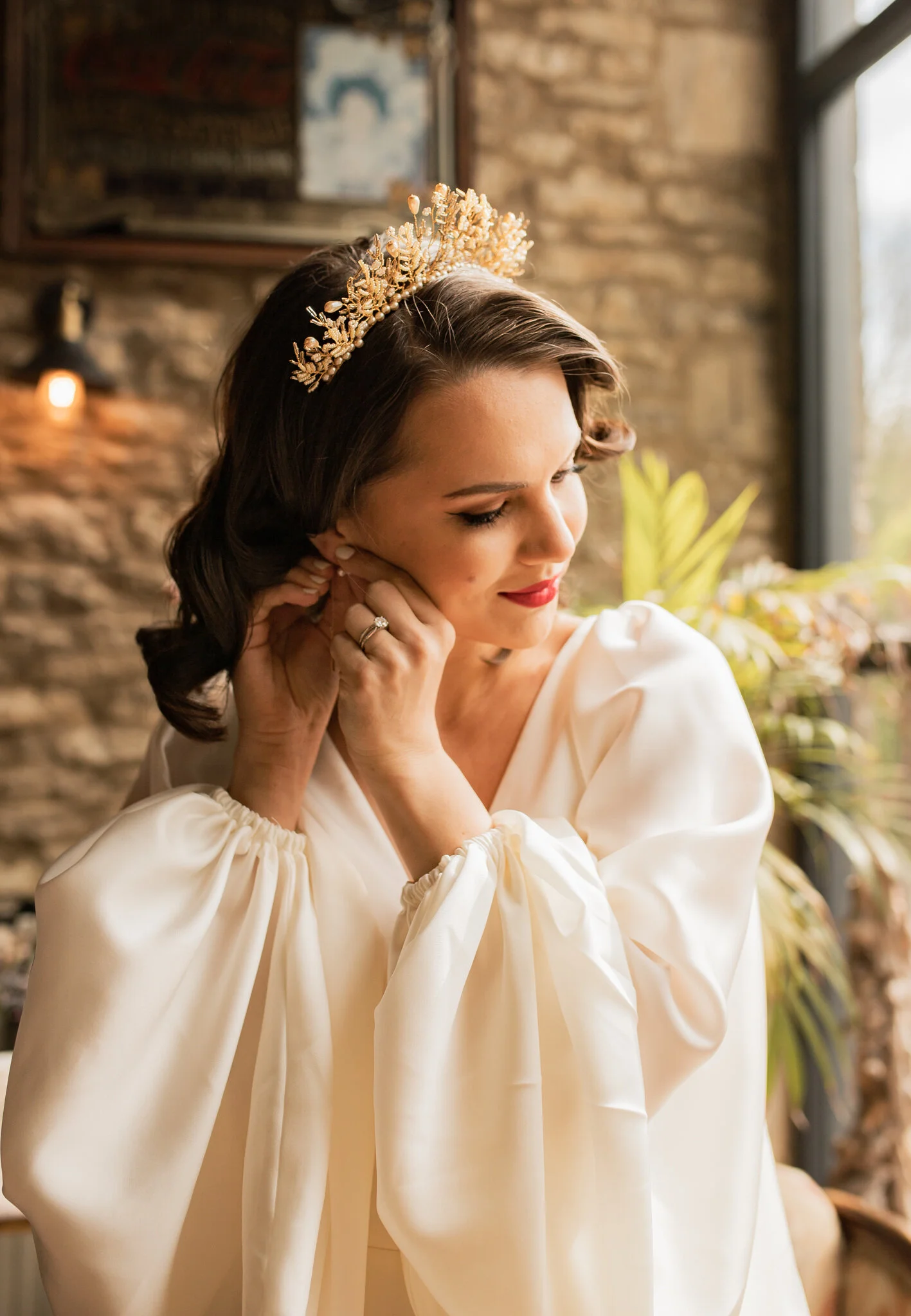 wedding prep with bridal accessories and a golden crown inspired by pampas grass and golden leaves