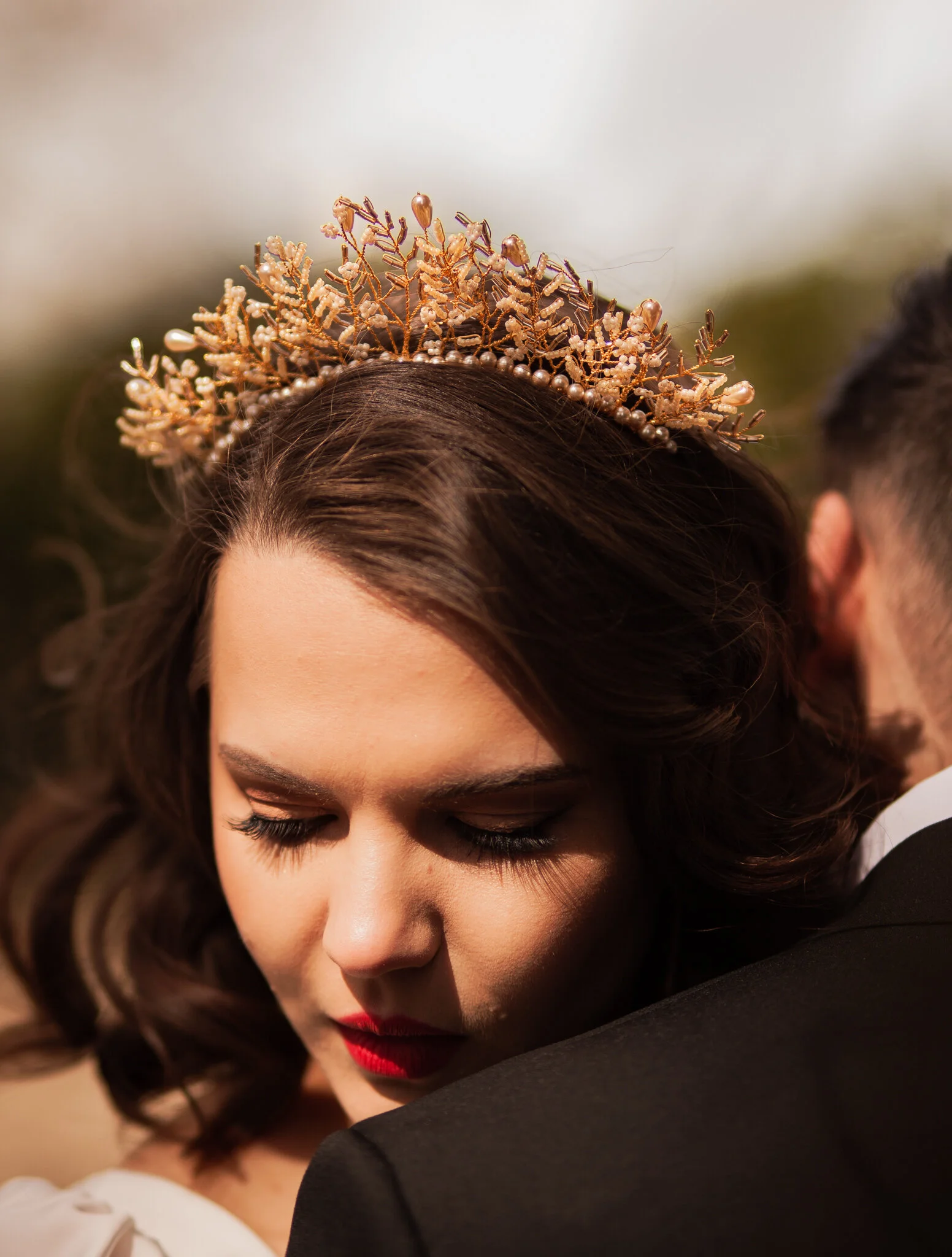 Golden bridal crown for rustic luxe weddings