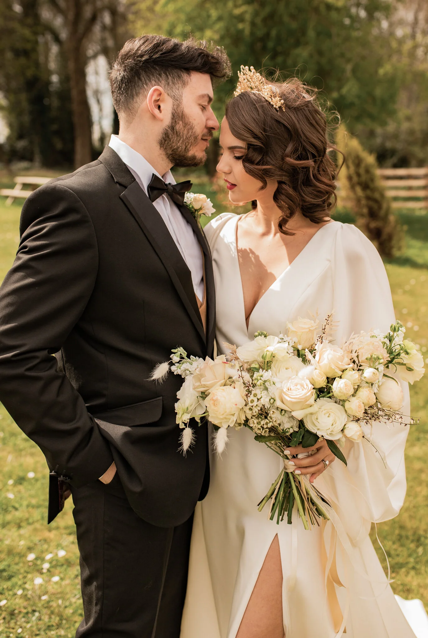 Bride and groom rustic luxe outdoor wedding