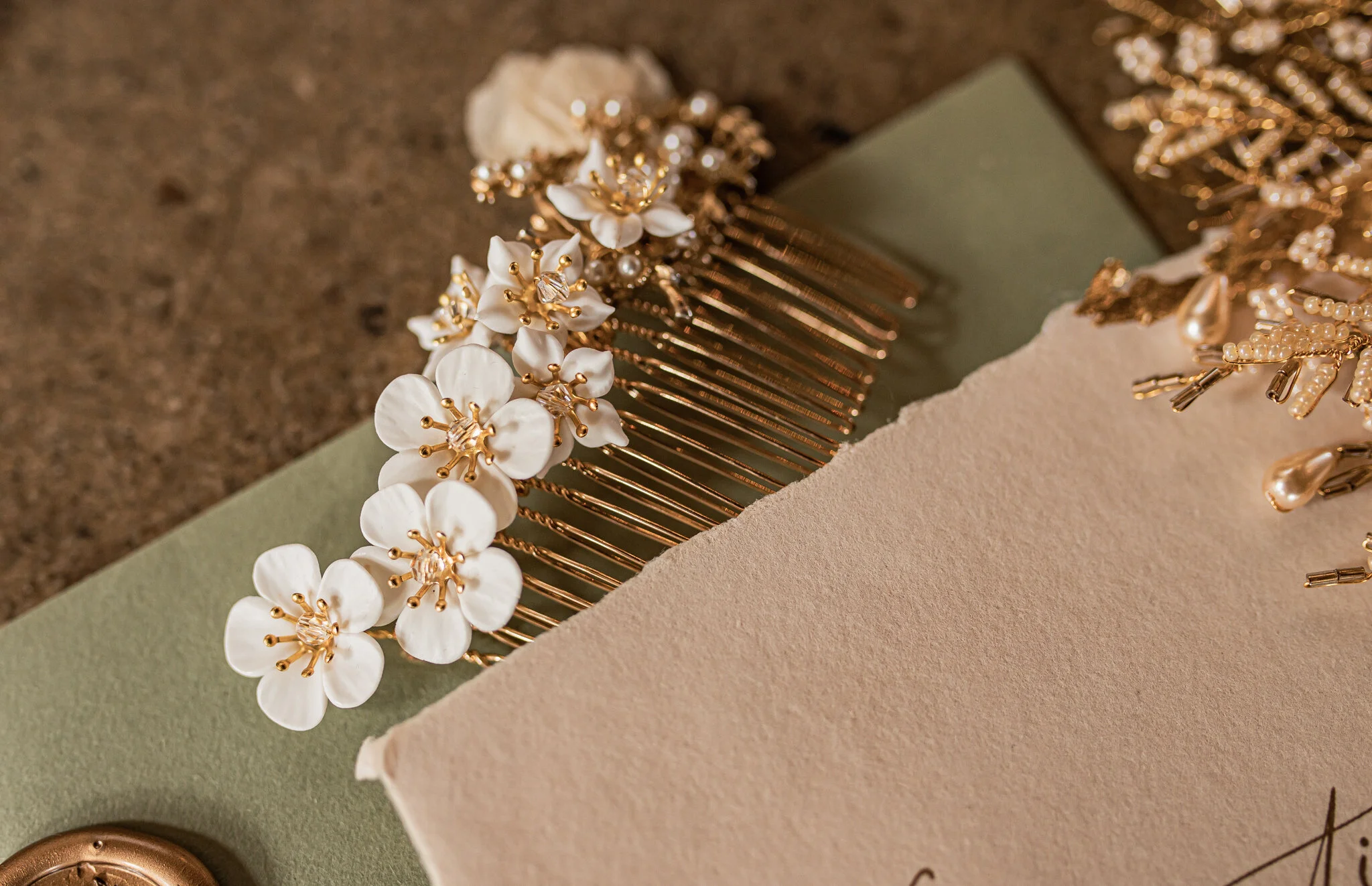 golden and floral bridal hair comb
